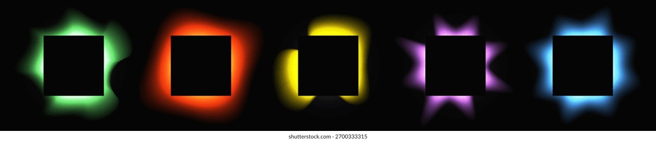 Conjunto de quadros quadrados iluminados com gradiente. Cinco faixas de néon multicoloridas isoladas sobre fundo preto. Ilustração vetorial