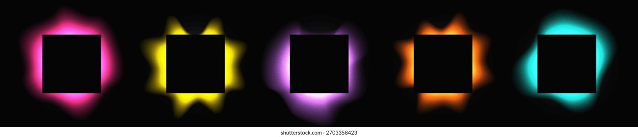 Conjunto de quadros quadrados iluminados com gradiente. Cinco faixas de néon multicoloridas isoladas sobre fundo preto. Ilustração vetorial