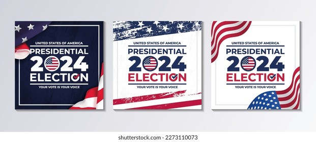 set of square illustration vector graphic of united states flag, election and year 2024 perfect for presidental election day in united states, united states flag