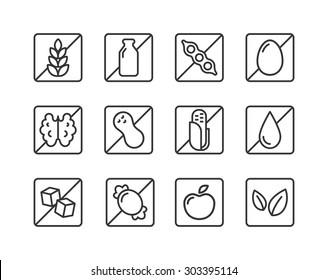 Set of square ingredient warning label icons. Common allergens (gluten, dairy, soy, egg, nuts and more), sugar and grains, vegetarian and organic symbols.