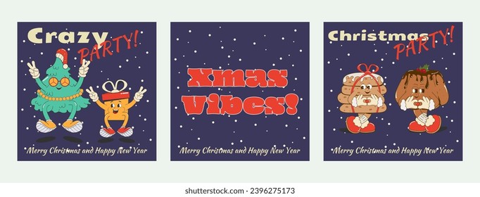 set of square invitations to a Christmas and New Year's Eve party in a cartoon retro style on a dark background. Groovy Christmas tree and gift box, cute ginger cookies and cupcake with hearts. Vector