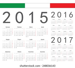 Set of square Italian 2015, 2016, 2017 year vector calendars. Week starts from Monday.