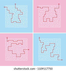A set of square labyrinths. A game for children and adults. Simple flat vector illustration. With the answer