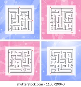 A set of square labyrinths. An interesting and useful game for children and adults. Simple flat vector illustration on a colorful abstract background