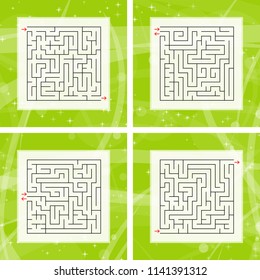 A set of square labyrinths. An interesting and useful game for children and adults. Simple flat vector illustration on a colorful abstract background