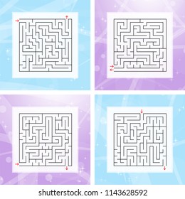 A set of square labyrinths. An interesting and useful game for children and adults. Simple flat vector illustration on a colorful abstract background