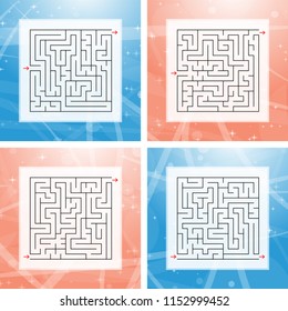 A set of square labyrinths. An interesting and useful game for children and adults. Simple flat vector illustration on a colorful abstract background