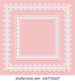 Set of square lace frames. White on pink background. Vector illustration