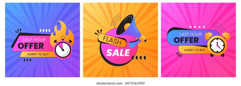 Set of square last time offer or hot sales banner. Sale promo covers with alarm clock, countdown or megaphone announcement. Discount promotion poster template for social media, online shopping website