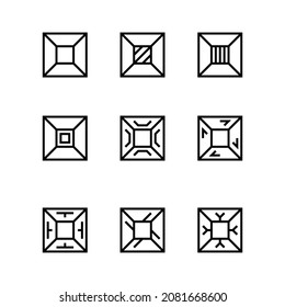 Set of square linear shapes. Geometric figures with different patterns. Collection of linear rectangular icons. Minimalist geometric design elements for game, exhibition, etc. Editable stroke. Vector