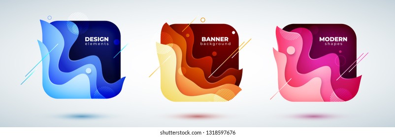 Set of square liquid abstract geometric shapes. Fluid gradient elements for minimal banner, logo, social post. Rectangle trendy dynamic design. Abstract background. Eps10 vector.