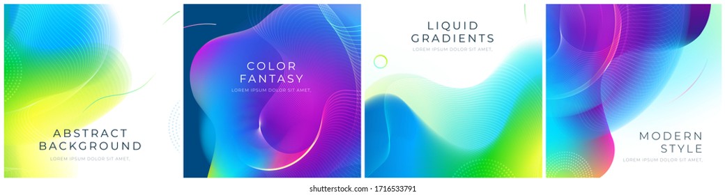 Set of square liquid color abstract geometric shapes. Fluid gradient elements for minimal banner, logo, social post. Futuristic trendy dynamic square banners. Abstract background. Eps10 vector.