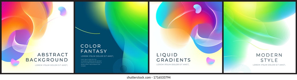 Set of square liquid color abstract geometric shapes. Fluid gradient elements for minimal banner, logo, social post. Futuristic trendy dynamic square banners. Abstract background. Eps10 vector.