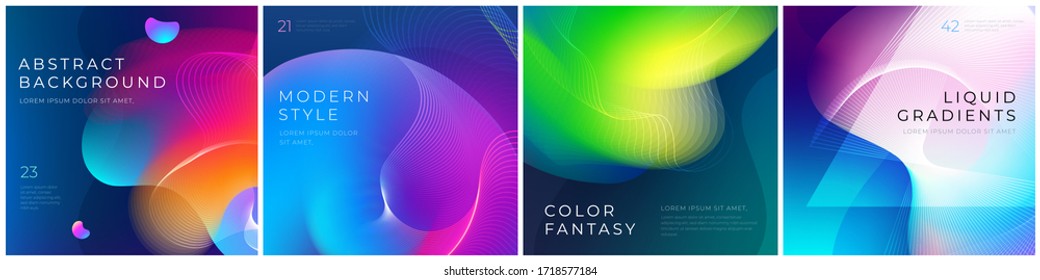 Set of square liquid color abstract geometric shapes. Fluid gradient elements for minimal banner, logo, social post. Futuristic trendy dynamic square banners. Abstract background. Eps10 vector.