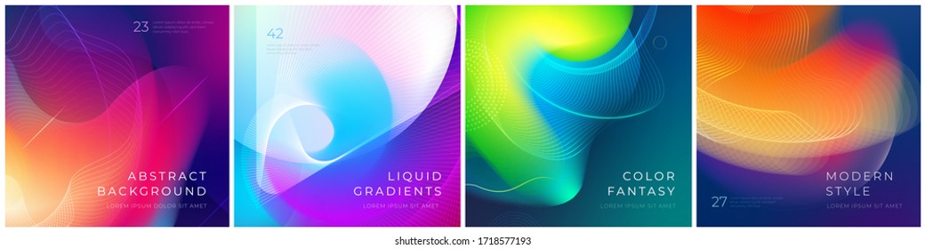 Set of square liquid color abstract geometric shapes. Fluid gradient elements for minimal banner, logo, social post. Futuristic trendy dynamic square banners. Abstract background. Eps10 vector.