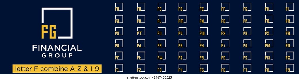 set of square logo design combined letter F with A to Z and numbers from 1 to 9. vector illustration