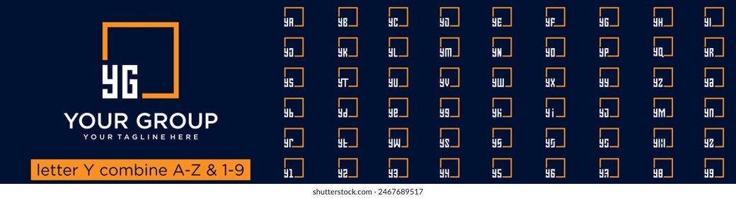 set of square logo design combined letter Y with A to Z and numbers from 1 to 9. vector illustration