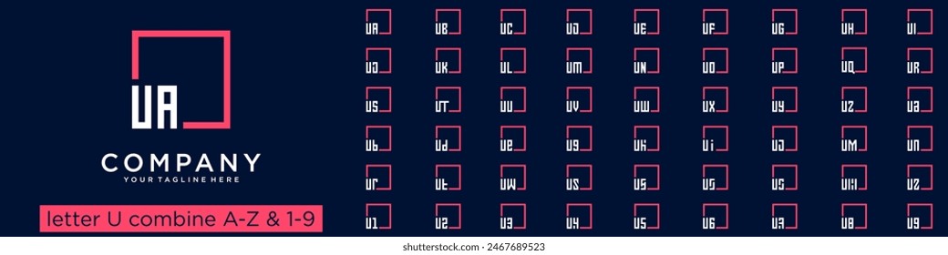 set of square logo design combined letter U with A to Z and numbers from 1 to 9. vector illustration