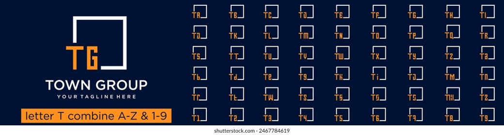 conjunto de diseño de logotipo cuadrado combinado letra T con A a Z y números del 1 al 9. Ilustración vectorial