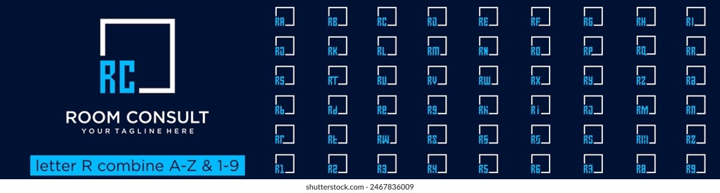set of square logo design combined letter R with A to Z and numbers from 1 to 9. vector illustration