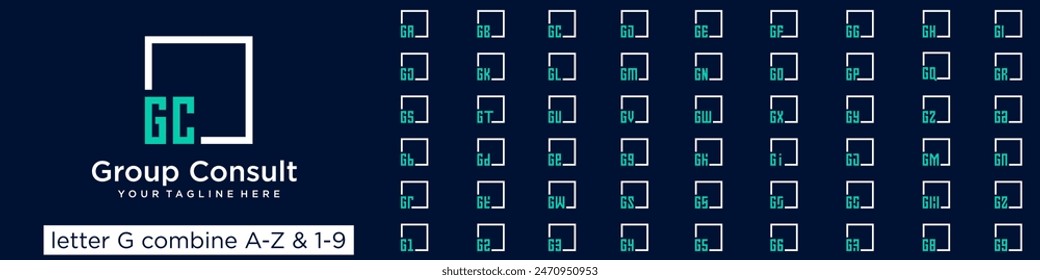 set of square logo design combined letter G with A to Z and numbers from 1 to 9. vector illustration
