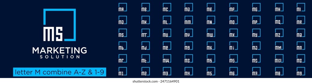 set of square logo design combined letter M with A to Z and numbers from 1 to 9. vector illustration