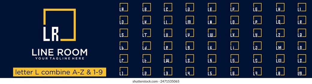 set of square logo design combined letter L with A to Z and numbers from 1 to 9. vector illustration