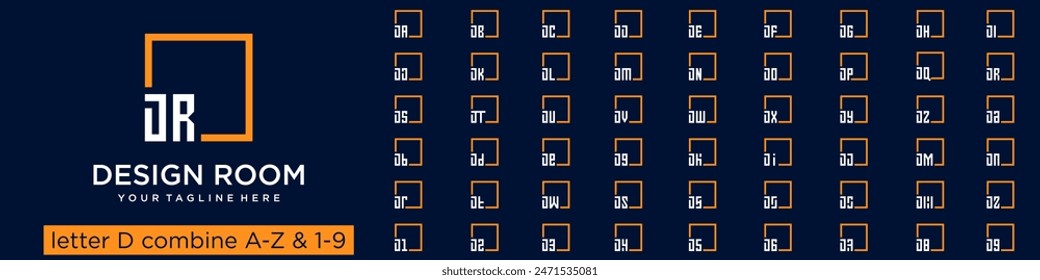 Satz von quadratischem Logo-Design kombiniert Buchstaben D mit A bis Z und Zahlen von 1 bis 9. Vektorillustration