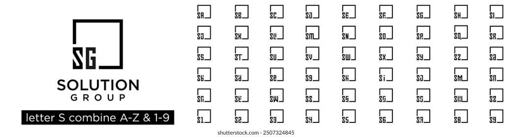 set of square logo design combined letter S with A to Z and numbers from 1 to 9. vector illustration