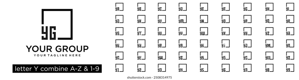 set of square logo design combined letter Y with A to Z and numbers from 1 to 9. vector illustration