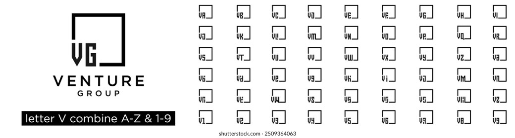 set of square logo design combined letter V with A to Z and numbers from 1 to 9. vector illustration