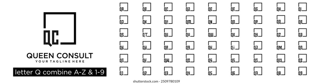 set of square logo design combined letter Q with A to Z and numbers from 1 to 9. vector illustration