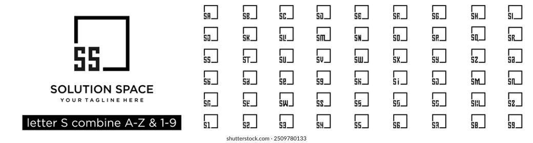 set of square logo design combined letter S with A to Z and numbers from 1 to 9. vector illustration