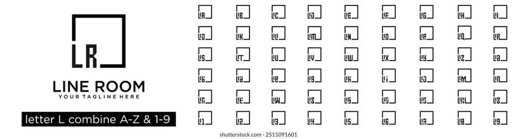 set of square logo design combined letter L with A to Z and numbers from 1 to 9. vector illustration