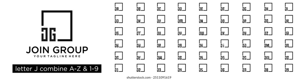 set of square logo design combined letter J with A to Z and numbers from 1 to 9. vector illustration