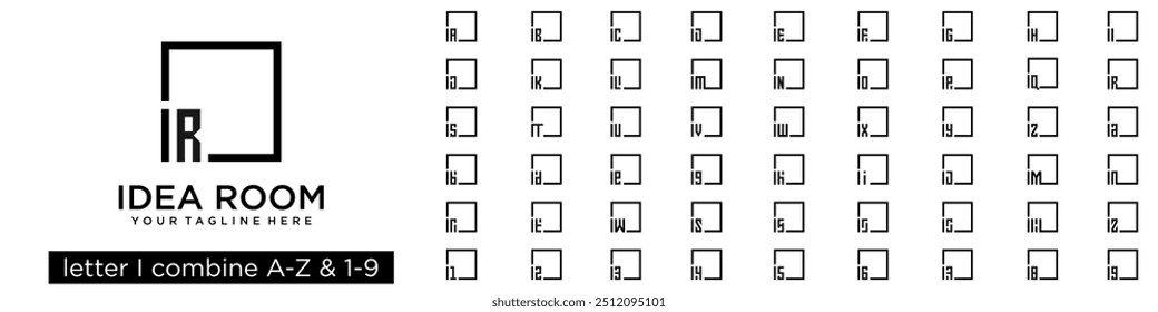 conjunto de diseño de logotipo cuadrado combinado letra I con A a Z y números del 1 al 9. Ilustración vectorial