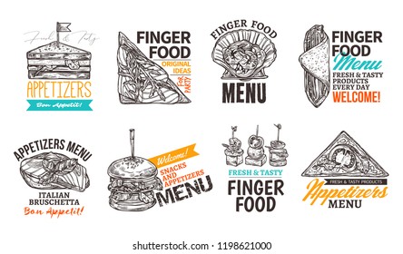 Set of square logo with finger food. Design for restaurant, cafe, website. Emblems and labels with snacks and appetizers. Vector illustration of badges in hand drawn sketch