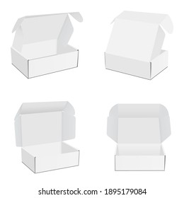 Set of Square Mailing Cardboard Boxes with Opened Lid, Front, Side, Back View, Isolated on White Background. Vector Illustration