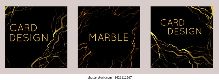 Set of square marble cards with golden cracks on a black background. Stylish templates for invitations, cards and your design. Luxury flyers with space for text.