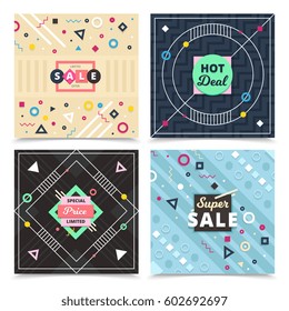 Set of square material design banners with compositions of flat ornamental decorative signs and editable text vector illustration