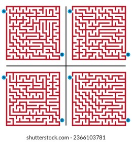 Set of square maze game puzzles,one entrance,one exit,labyrinth conundrum,flat vector illustration isolated on white background.