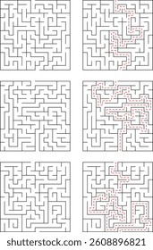 Set Of Square Maze Puzzles With Solutions In Red Dotted Lines Illustration
