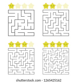 A set of square mazes. Four levels of difficulty. Cute stars. Game for kids. Puzzle for children. One entrances, one exit. Labyrinth conundrum. Flat vector illustration isolated on white background