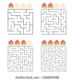 A set of square mazes. Four levels of difficulty. Cute mushrooms. Game for kids. One entrances, one exit. Labyrinth conundrum. Flat vector illustration isolated on white background