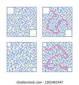 A set of square mazes. Game for kids. Puzzle for children. One entrances, one exit. Labyrinth conundrum. Flat vector illustration isolated on white background. With answer. With place for your image.