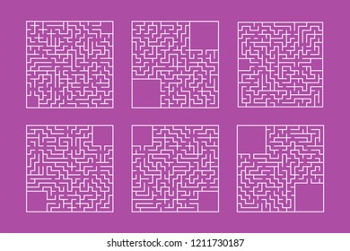 A set of square mazes. Game for kids. Puzzle for children. One entrances, one exit. Labyrinth conundrum. Flat vector illustration isolated on color background. Whith place for your image.