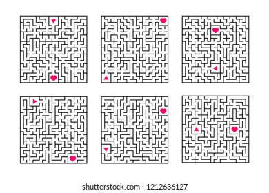 A set of square mazes. Game for kids. Puzzle for children. One entrances, one exit. Labyrinth conundrum. Flat vector illustration isolated on white background.