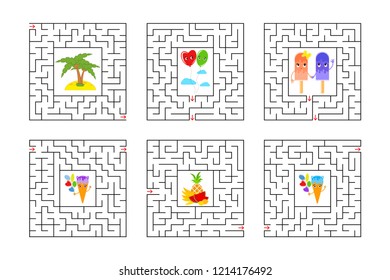 Un conjunto de laberintos cuadrados. Juego para niños. Puzzle para niños. Una entrada, una salida. El dilema del laberinto. Ilustración vectorial plana aislada sobre fondo blanco. Con personajes de dibujos animados.