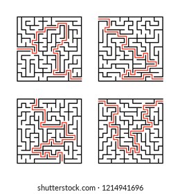 A set of square mazes. Game for kids. Puzzle for children. Labyrinth conundrum. Flat vector illustration isolated on white background. With answer.