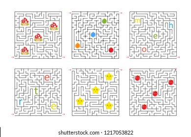 A set of square mazes. Game for kids. Puzzle for children. One entrances, one exit. Labyrinth conundrum. Flat vector illustration isolated on white background. With cartoon characters.